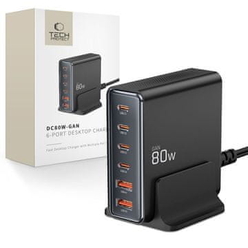 Tech-protect TECH-PROTECT DC80W-GAN 6-PORTNI NAMIZNI POLNILEC PD80W/QC3.0 ČRNEGA RAZLIČJA
