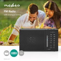 Nedis FM radio | Prenosna zasnova | AM / FM | Baterijski pogon | Analogni | 1,5 W| Črno bel zaslon | Bluetooth | Priključek za slušalke | Črna 