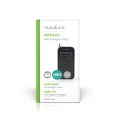 Nedis FM radio | Prenosna zasnova | AM / FM | Baterijski pogon | Analogni | 1,5 W| Črno bel zaslon | Bluetooth | Priključek za slušalke | Aluminij / črna 