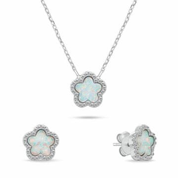 Brilio Silver Unikaten komplet nakita z belimi opali SET289W (uhani, obesek)