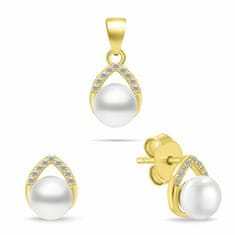 Brilio Silver Prefinjen komplet pozlačenega nakita z biseri SET290Y (uhani, obesek)