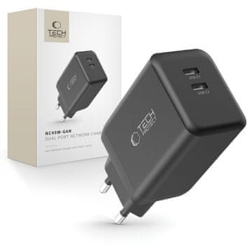Tech-protect NC45W-GAN OMREŽNI POLNILEC Z 2 PRIKLJUČKOMA PD45W ČRNEGA OBLIKOVALCA