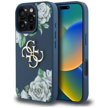 Guess Ovitek Guess Grained Roses Big 4G z logotipom za iPhone 16 Pro Max, moder