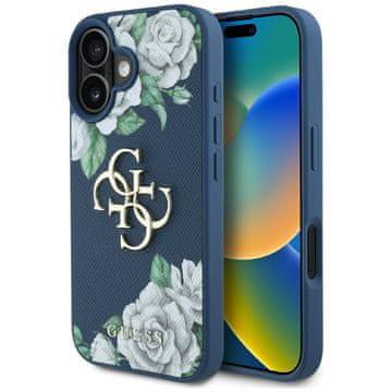 Guess Ovitek Guess Grained Roses Big 4G z logotipom za iPhone 16 modre barve