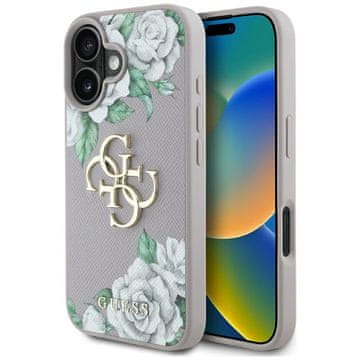 Guess Ovitek Guess Grained Roses Big 4G z logotipom za iPhone 16 vijoličen