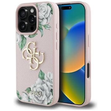 Guess Ovitek Guess Grained Roses Big 4G z logotipom za iPhone 16 Pro roza