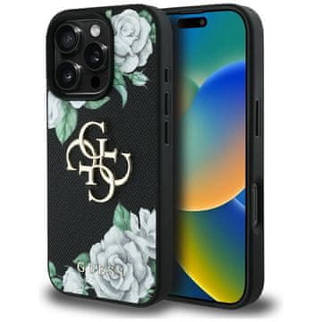 Guess Ovitek Guess Grained Roses Big 4G z logotipom za iPhone 16 Pro Max, črne barve