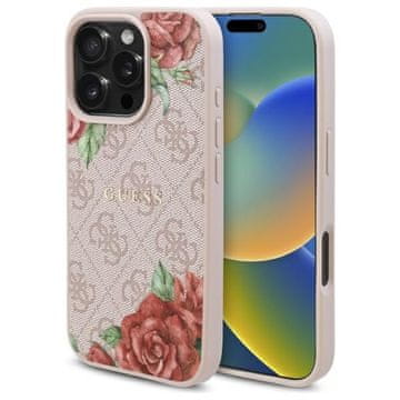 Guess Guess GUHMP16LP4ROPEMCP trdi ovitek za iPhone 16 Pro 6.3 roza/roza 4G z vzorcem rož MagSafe