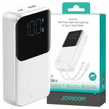 Joyroom JR-PBC06 mini prenosna baterija z vgrajenimi kabli USB-C / Lightning 30W 10000mAh - bela