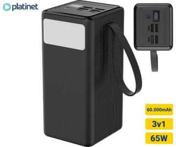 Platinet PMPB6065 powerbank polnilna baterija, 65W, 60.000mAh, 4x USB-A, 2x USB-C, črna