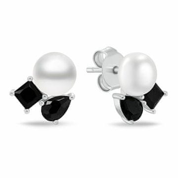 Brilio Silver Nežni srebrni uhani s črnimi cirkoni in biseri EA1190WBC