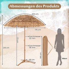 UNBRANDED Dežnik za na plažo v havajskem slogu z zložljivim stojalom in gumbom za nagib ter torbo za prenašanje Dežnik Tiki 