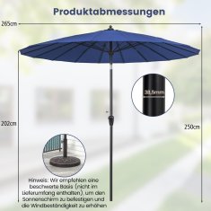 UNBRANDED Dežnik za dvorišče z 18 rebri iz steklenih vlaken in nagibom s pritiskom na gumb ter namizni dežnik mornarsko moder 