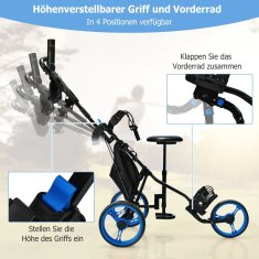 UNBRANDED 3-kolesni golf voziček iz aluminija z držalom za dežnike in zložljivim sedežem golf voziček golf caddy blue 