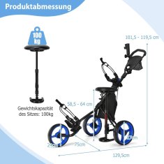 UNBRANDED 3-kolesni golf voziček iz aluminija z držalom za dežnike in zložljivim sedežem golf voziček golf caddy blue 