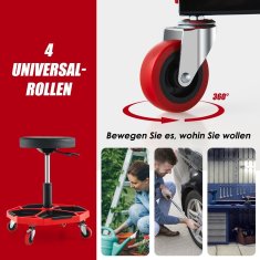 UNBRANDED Delavniški vrtljivi sedež s polico in 4 univerzalnimi kolesi, nosilnost 150 kg, nastavljiva višina rdeča + črna 