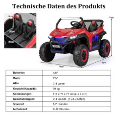 UNBRANDED Otroški avto, mobilno terensko vozilo z 2 sedežema in daljinskim upravljalnikom, 118 x 74 x 71 cm, rdeče barve 