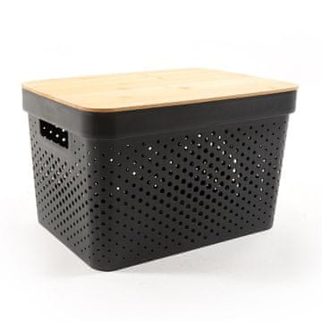 Mhome Plastco pvc košara z lesenim pokrovom 35,5x26,5x21,5cm / črna / pvc, les