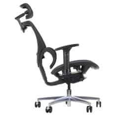 STEMA Ergonomski vrtljivi pisarniški stol ErgoNew S1A. Ima aluminijasto podlago, mehka kolesa, nastavljive 3D naslone za roke, nastavljiv 2D vzglavnik in ledveno oporo. Dvigalo razreda 4. Mrežasti sedež. Čr