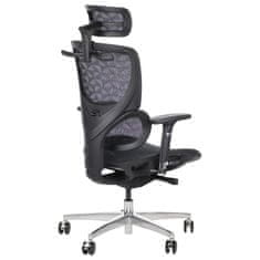 STEMA Ergonomski vrtljivi pisarniški stol ErgoNew S1A. Ima aluminijasto podlago, mehka kolesa, nastavljive 3D naslone za roke, nastavljiv 2D vzglavnik in ledveno oporo. Dvigalo razreda 4. Mrežasti sedež. Čr