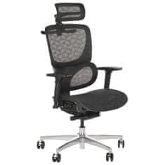 STEMA Ergonomski vrtljivi pisarniški stol ErgoNew S1A. Ima aluminijasto podlago, mehka kolesa, nastavljive 3D naslone za roke, nastavljiv 2D vzglavnik in ledveno oporo. Dvigalo razreda 4. Mrežasti sedež. Čr
