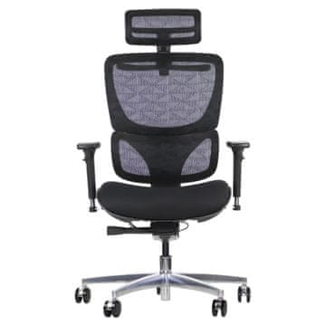 STEMA Ergonomski vrtljivi pisarniški stol ErgoNew S1A. Ima aluminijasto podlago, mehka kolesa, nastavljive 3D naslone za roke, nastavljiv 2D vzglavnik in ledveno oporo. Dvigalo razreda 4. Sedež iz blaga. Čr