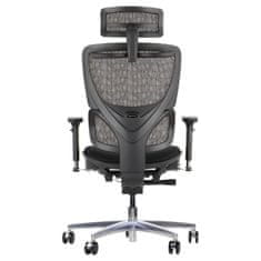 STEMA Ergonomski vrtljivi pisarniški stol ErgoNew S1A. Ima aluminijasto podlago, mehka kolesa, nastavljive 3D naslone za roke, nastavljiv 2D vzglavnik in ledveno oporo. Dvigalo razreda 4. Sedež iz blaga. Čr