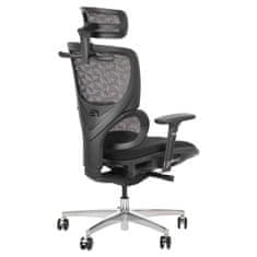 STEMA Ergonomski vrtljivi pisarniški stol ErgoNew S1A. Ima aluminijasto podlago, mehka kolesa, nastavljive 3D naslone za roke, nastavljiv 2D vzglavnik in ledveno oporo. Dvigalo razreda 4. Sedež iz blaga. Čr