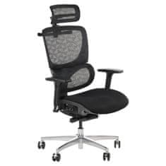 STEMA Ergonomski vrtljivi pisarniški stol ErgoNew S1A. Ima aluminijasto podlago, mehka kolesa, nastavljive 3D naslone za roke, nastavljiv 2D vzglavnik in ledveno oporo. Dvigalo razreda 4. Sedež iz blaga. Čr