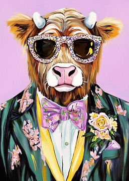 Plakat 50 × 70 cm – portret živali | krava z očali | pop art.
