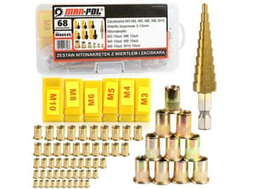 MAR-POL Zakovične matice, trni za zakovičenje M3 - M10, s stopničastim svedrom, komplet 68 kosov M66545