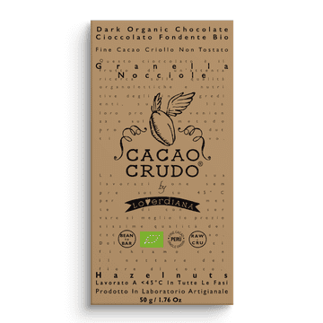 Cacao Crudo Raw Temna čokolada s sesekljanimi lešniki, BIO, 50 g