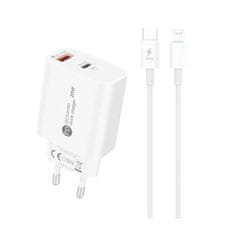 HURTEL Mrežni polnilnik 20 W USB-A USB-C s kablom USB-C – iPhone Lightning 1 m – bel