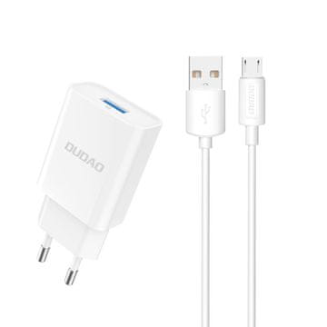 DUDAO USB-A 2.1A omrežni polnilnik + kabel USB-A - microUSB - bel