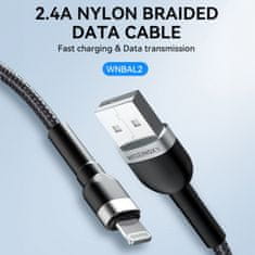 WOZINSKY Kabel za iPhone v pletenem ohišju USB-A - Lightning 2,4 A, 2 m, črn