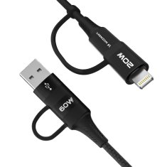 WOZINSKY 4v1 Univerzalni kabel 2x USB-C 1x USB-A 1x Lightning 60W 1m črn