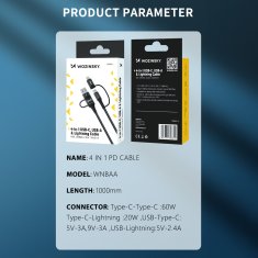WOZINSKY 4v1 Univerzalni kabel 2x USB-C 1x USB-A 1x Lightning 60W 1m črn