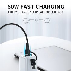 WOZINSKY 4v1 Univerzalni kabel 2x USB-C 1x USB-A 1x Lightning 60W 1m črn