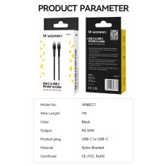 WOZINSKY Kabel USB-C - USB-C PD 65 W, 1 m, črn