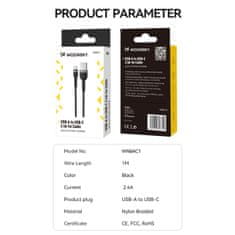 WOZINSKY Kabel USB-A - USB-C 2,4 A, 2 m, črn
