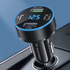 WOZINSKY Avtomobilski polnilnik z zaslonom 50 W, 2xUSB-C in 2xUSB-A – črn