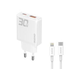 DUDAO Mrežni polnilnik GaN A30EUL 30 W USB-A USB-C + kabel USB-C – Lightning – bel
