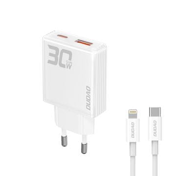 DUDAO Mrežni polnilnik GaN A30EUL 30 W USB-A USB-C + kabel USB-C – Lightning – bel