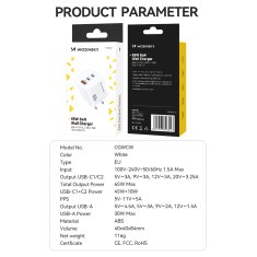 WOZINSKY GaN omrežni polnilnik 65 W 100–240 V USB-A 2x USB-C bel