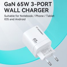 WOZINSKY GaN omrežni polnilnik 65 W 100–240 V USB-A 2x USB-C bel