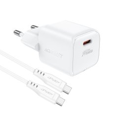 AceFast Mini omrežni polnilnik PD 20 W GaN + kabel USB-C, bel