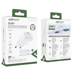 AceFast Mini omrežni polnilnik PD 20 W GaN + kabel USB-C, bel