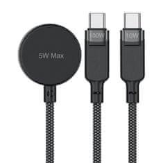 AceFast 3v1 Kabel USB-C - 2x USB-C / polnilnik Apple Watch Qi 480 Mb/s 100 W 1,2 m - črn