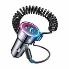 Joyroom polnilec avtomobilski 12V 24V 60W PD QC TipA TipC s kablom črn JR-CL07