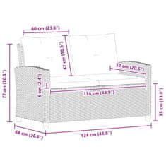 Vidaxl Vrtni kavč dvosed z blazinami siv 124 cm poli ratan